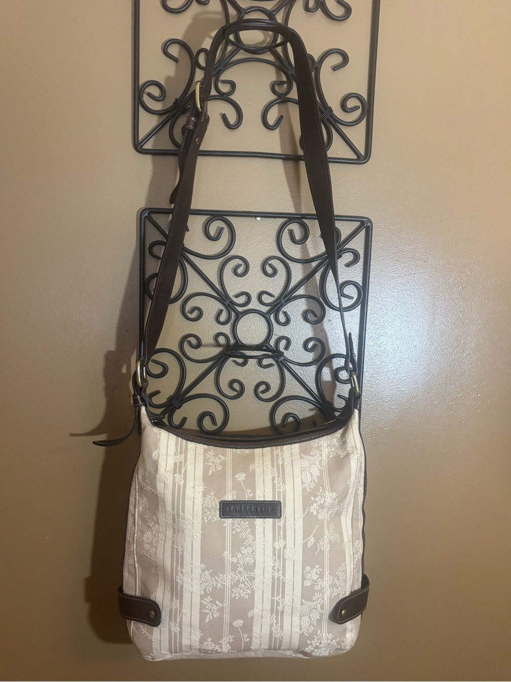 Longchamp Leather and Cream Canvas Shoulder Bag EUC